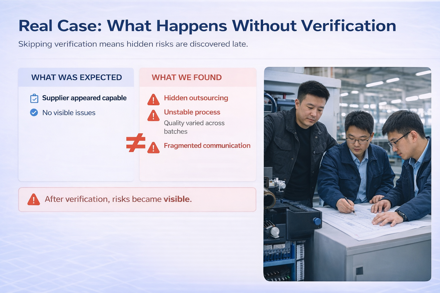 engineering team identifying supplier risks and decision failure in china factory sourcing process
